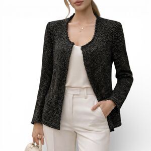 IRO Black Metallic Knit‎ Open Front Shimmer Wallice Jacket  Womens XL/42